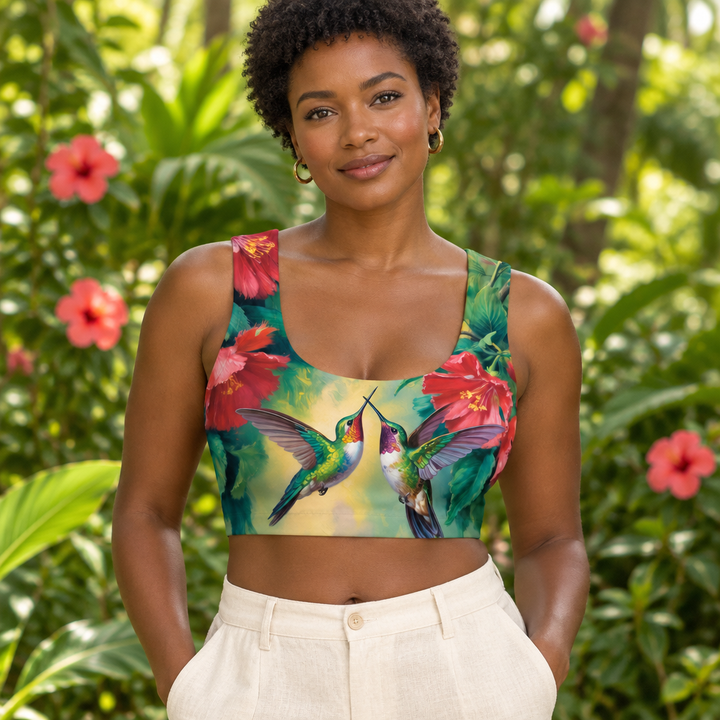AI-generated model wearing Bird Kiss Crop Top in a tropical garden